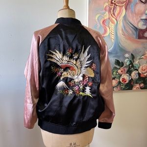 Embroidered bird and flower bomber jacket